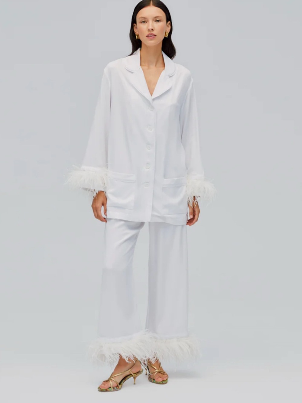 Sleeper White Feather-Trim Satin Pajama Set